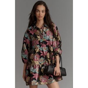 By Anthropologie Bettina Tiered Jacquard Mini Shirt Dress Party Pink Floral S